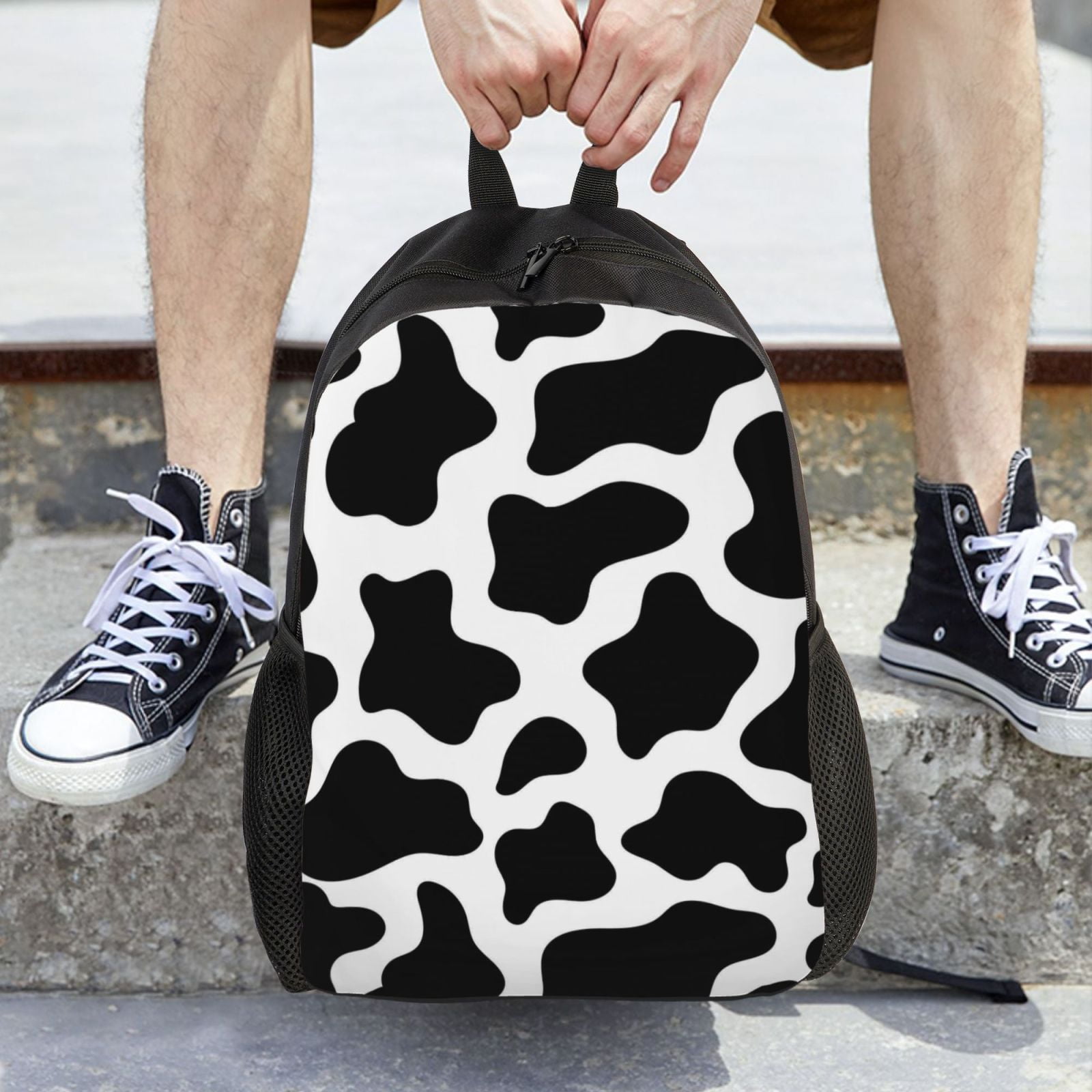 Xecao Cow Print Black White Print School Backpack with Laptop Compartment Small Travel Laptop Backpack for Women Men Waterproof College Backpack Simple School Bag
