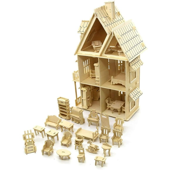 CUTEROOM 3D Wooden Puzzle House, Gothic House 3D Stereo Wooden Puzzles DIY Dollhouse Miniature Kit for Adults - Wooden Model Kit with Furniture -Adult Interactive Puzzle