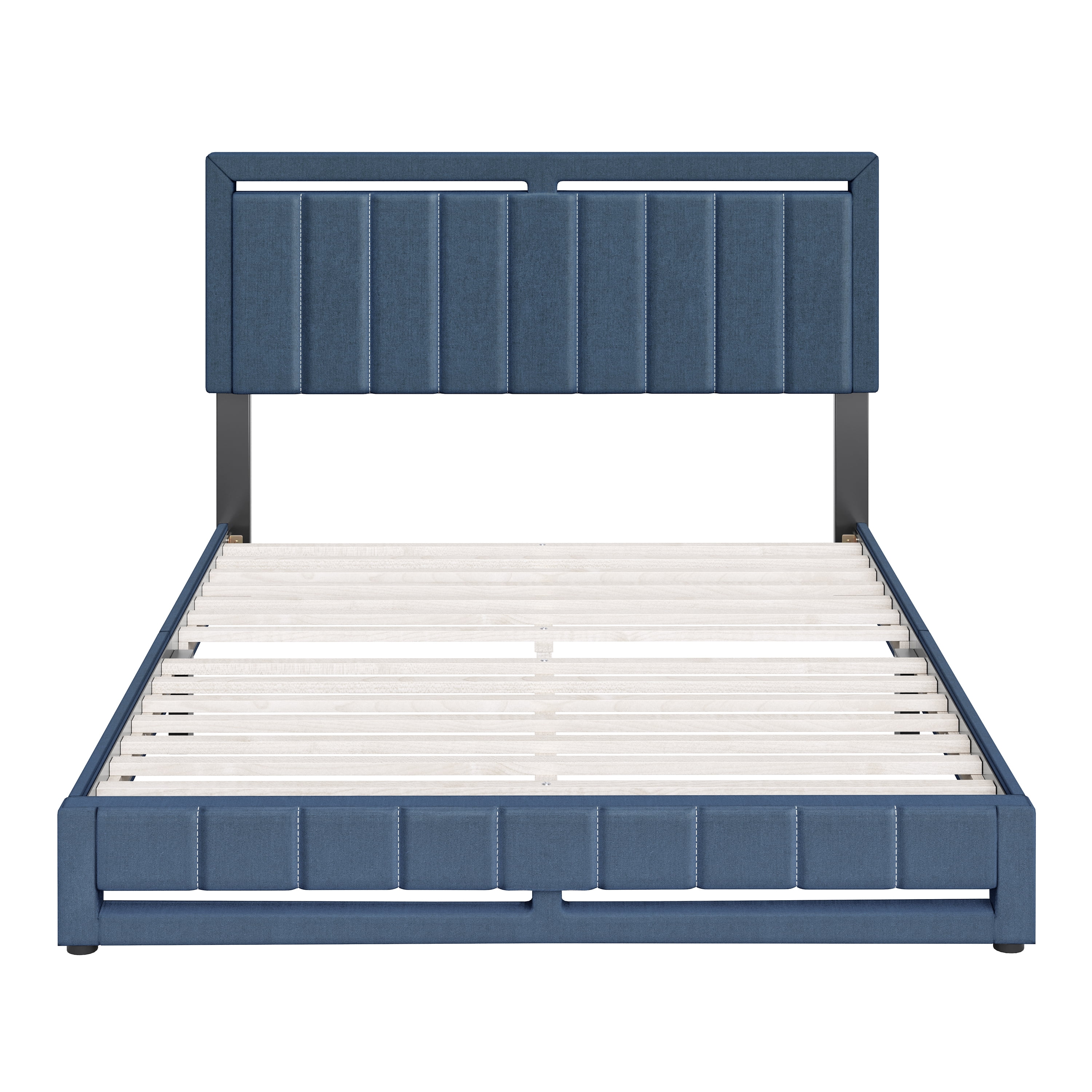 Boyd Sleep Senata Blue Linen Queen Size Fully Upholstered Platform Bed Frame with Adjustable Headboard