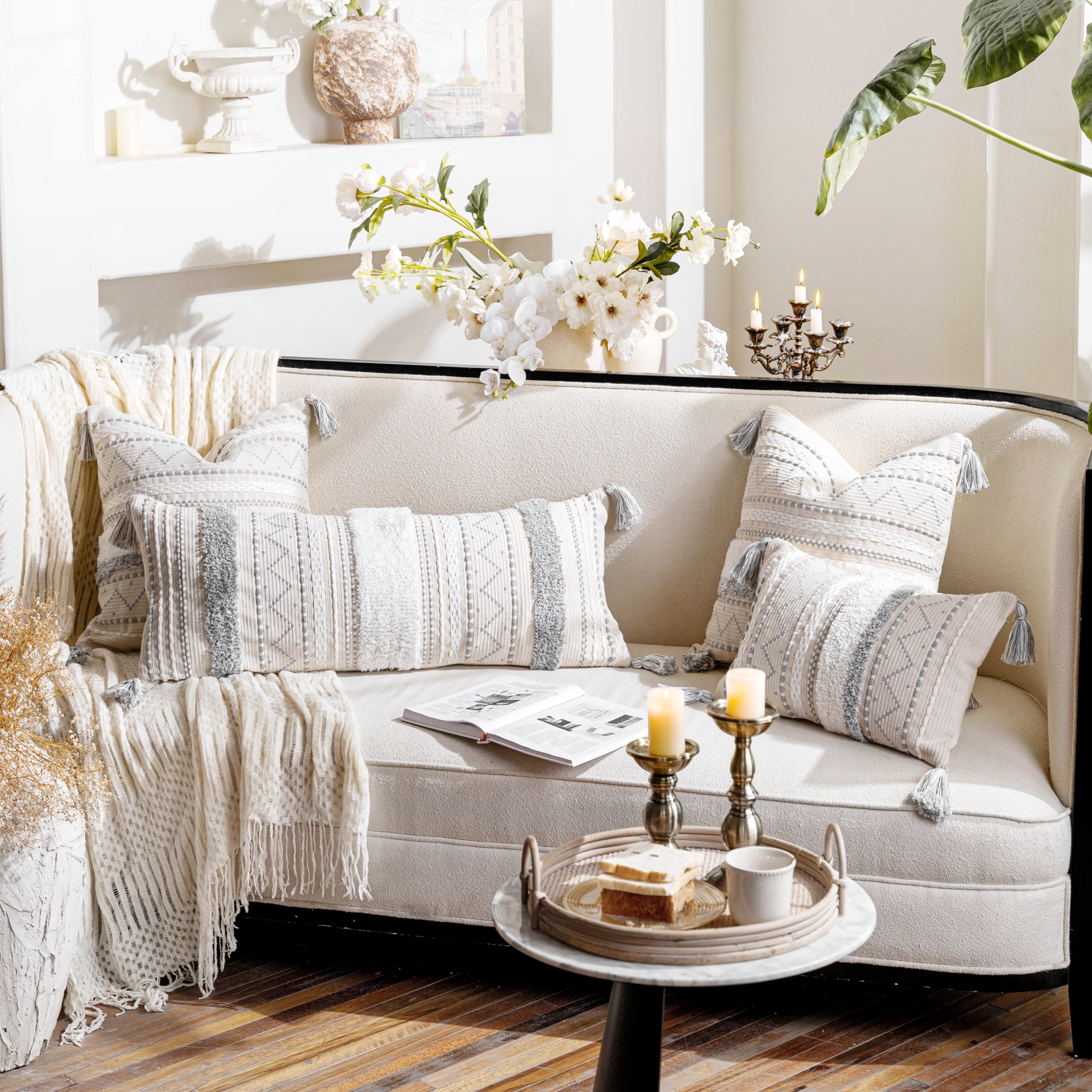 BlissBlush Gray Decorative Lumbar Throw Pillow Cover 14x36 Boho Long Cushion for Bed Neutral White Accent Farmhouse Pillowcase for Bedroom Living Room Couch Sofa Home Décor (Cover ONLY, Pack of 1)