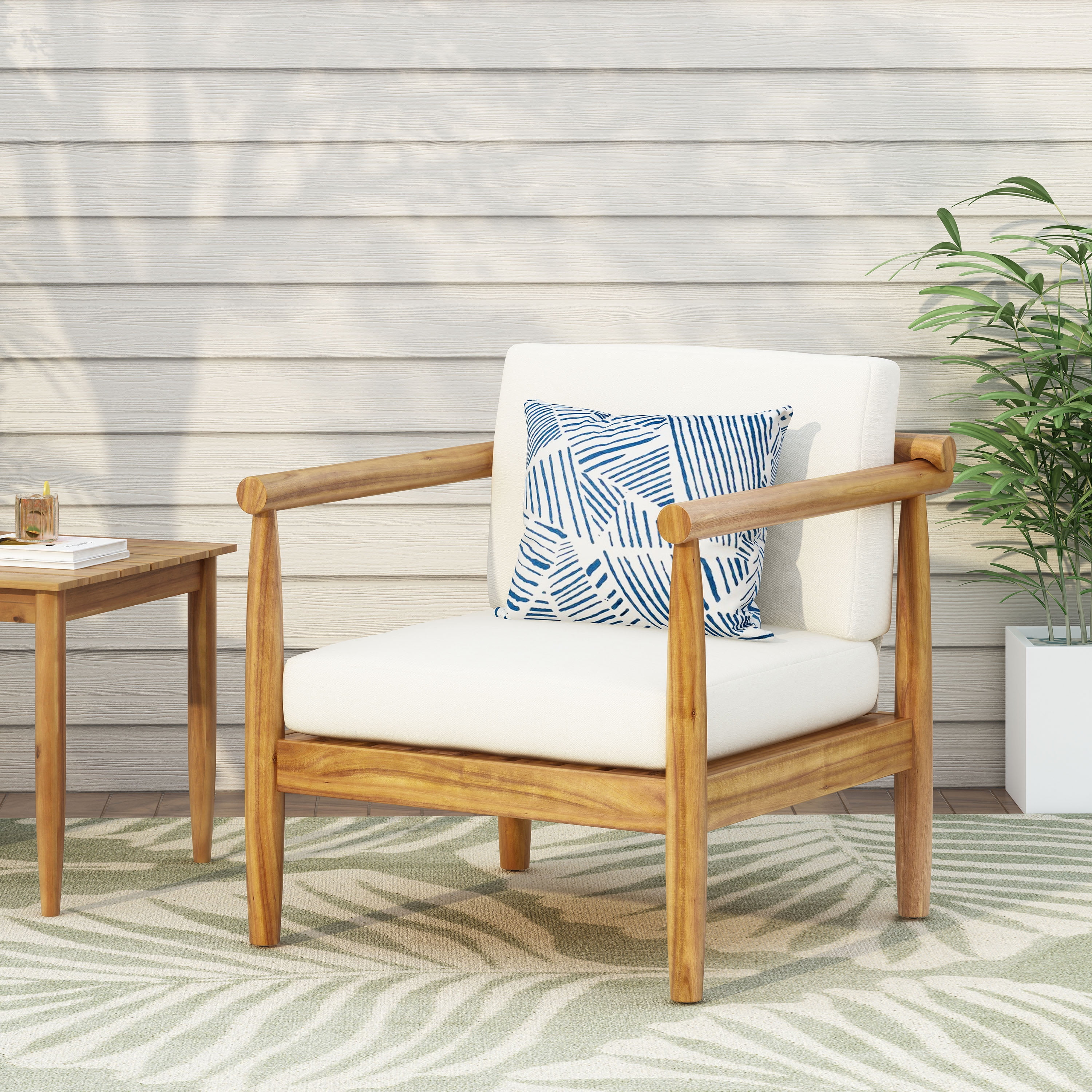 Euroco Outdoor Club Chair Set with Water-Resistant Cushions, Acacia Wood Frame and Slatted Back Design for Patio, Deck, or Garden