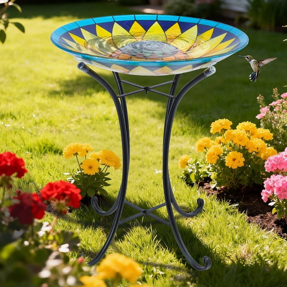 Outdoor Bird Bath, Large Glass Bird Baths Bowl with Metal Stand, Solar Sunflower Birdbaths for Outside Garden Lawn Yard Decor, 18”Dia 21.65”Height