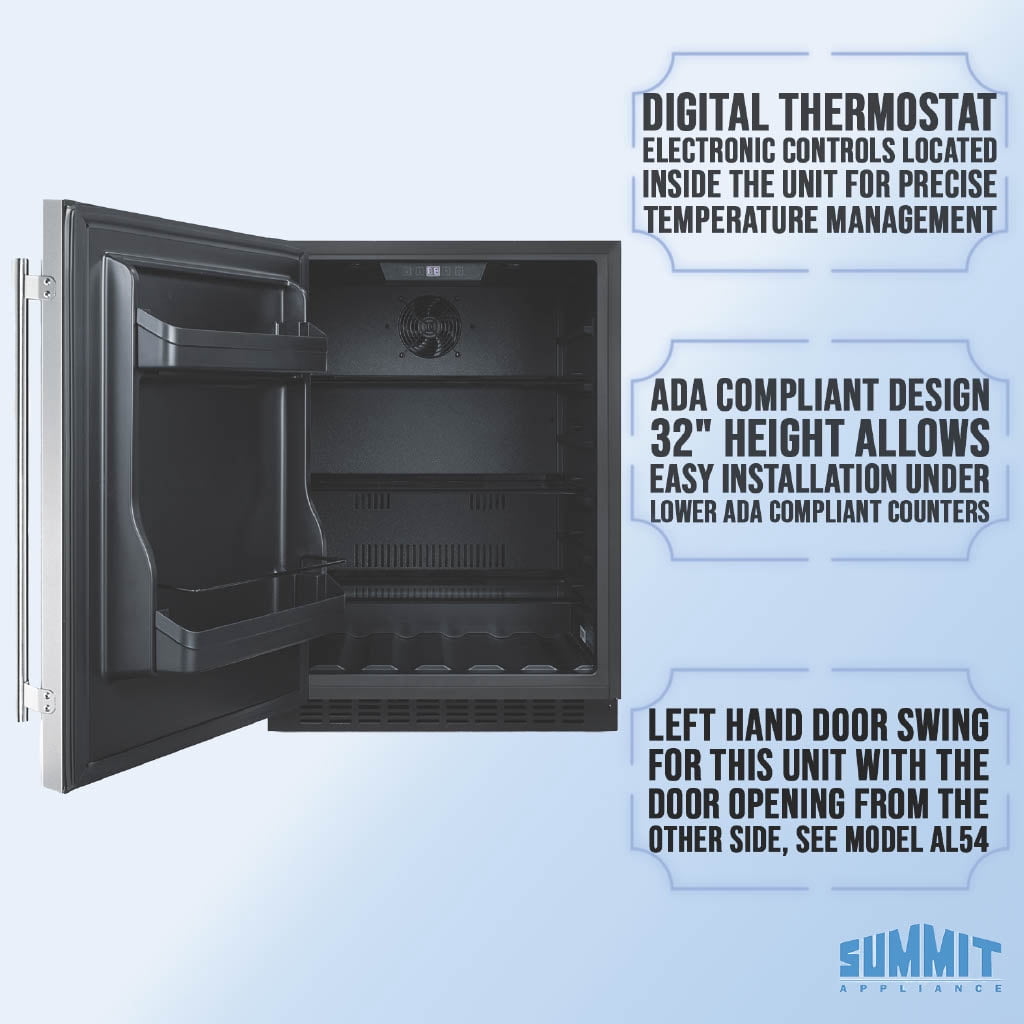 Summit 24 Inch Under Counter Refrigerator, Commercial or Home, 4.8 cu. ft. capacity, Stainless steel - AL54LHD Left Hand Door