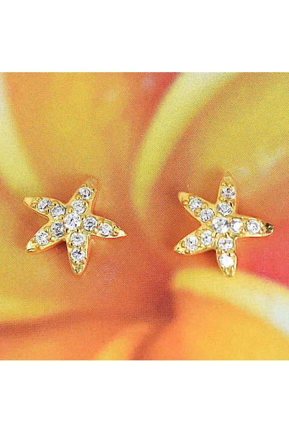 Beautiful Hawaiian Starfish Earring, Sterling Silver Yellow-Gold Plated Starfish CZ Stud Earring, E4419 Birthday Mom Valentine Gift, Island
