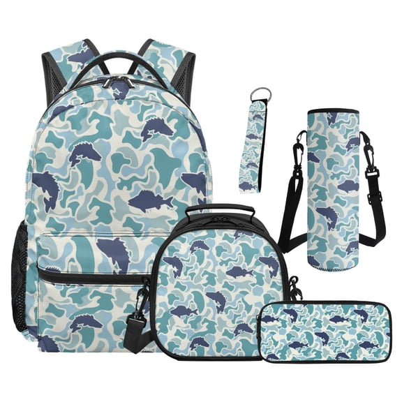 Garronmavis Blue Bass Camo School Backpack with Lunch Bag, Water Bottle Holder, Pencil Case & Keychain Set of 5 Elementary 4th-6th Grade Bookbag for Boys Girls Ages 8-12