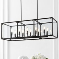 JONATHAN Y Paysan 35" Linear 10-Light Adjustable Iron/Seeded Glass Rustic Farmhouse LED Pendant, Oil Rubbed Bronze