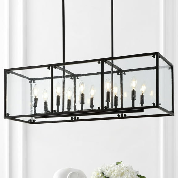 JONATHAN Y Paysan 35" Linear 10-Light Adjustable Iron/Seeded Glass Rustic Farmhouse LED Pendant, Oil Rubbed Bronze