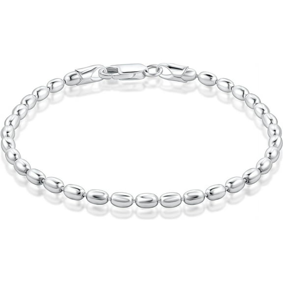 PORI JEWELERS 925 Sterling Silver Italian 3MM or 4MM Oval Bead Ball Strand Chain Bracelet for Women 7, 7.5, 8 Inch Made in Italy