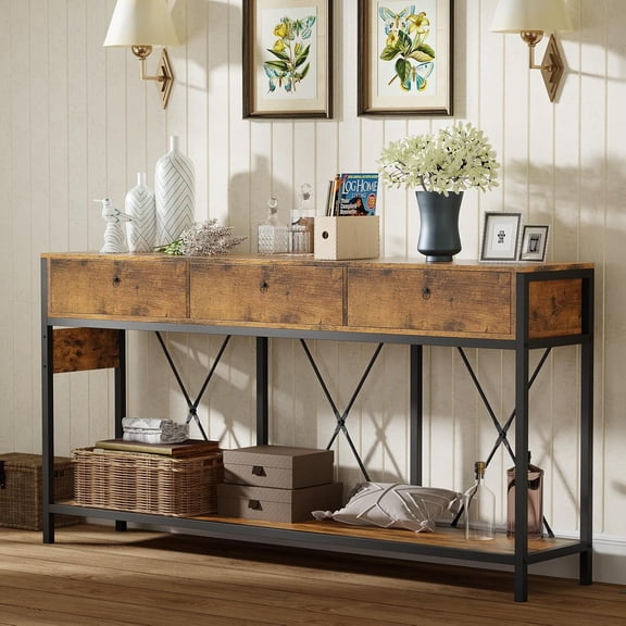 Redlife 67" Entryway Table with Power Station, Console Table with 3 Drawers, Extra Long Display Shelf, Sofa Table with Storage Shelves for Entryway, Living Room, Hallway (Rustic Brown)