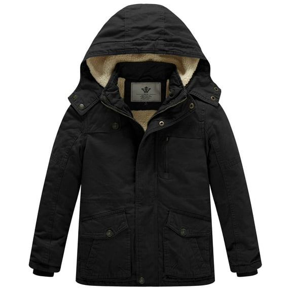 WenVen Big Boy's Parka Coat Winter Warm Windproof Jacket Hooded Fleece Puffer Coat Black 10/12