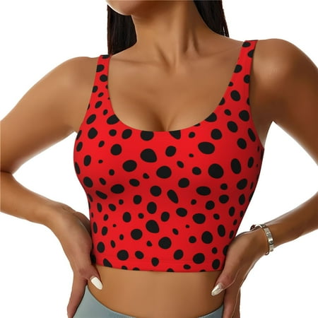 Qokaie Ladybug Dotted Pattern Womens Scoop Neck Sports Bra Breathable Workout Vest Padded U Back Medium Impact Fitness Gym Yoga Bra Workout Crop Top-X-Large