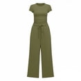 thumbnail image 2 of Two Piece Sets for Women Summer Casual Outfit Sets Solid Color Button Down Round Neck Short Sleeve Tops and Drawstring Wide Leg Pants with Pocket Sets Relaxed Vacation Wear, 2 of 8