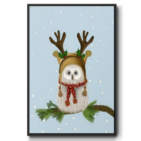 Christmas Fluffy Owl and Antlers - Framed Gallery Wrapped Holiday Canvas - 17 x 25 - Black Frame