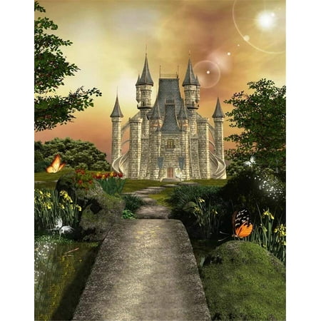 Image of ABPHOTO Polyester Long Road to Vintage Castle Photo Studio Backgrounds Trees Butterfly Kids Outdoor Scenic Background Princess Girl Fairy Tale Photography Backdrop 5x7ft