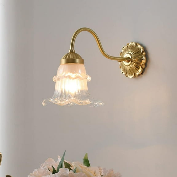 Modern Brass Wall Sconce Lighting Fixture Glass Wall Lamp Shade in Flower Shape, Elegant Wall Mount Light Nordic Headboard Sconces for Living Room Bedroom Bedside