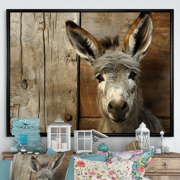 Designart "Charming Donkey Portrait in Wood" Animals Framed Wall Art - Modern Farmhouse Grey Donkey Entryway Framed Wall Art Print