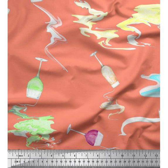 Soimoi Cotton Poplin Fabric Brush Stroke & Wine Glass Bar Printed Fabric 1 Yard 42 Inch Wide