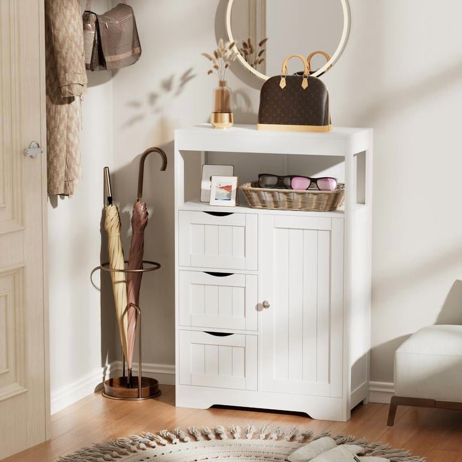 Lacoo Bathroom Cabinet Wooden Storage Organizer with 1 Door, 3 Drawers & Adjustable Shelf Storage Cabinet for Kitchen Living Room Bathroom, White