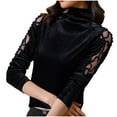 thumbnail image 3 of Aboser Velvet Tops for Women Retro Patchwork Mesh Sheer Shirts Evening Party Top Slim Fit Turtleneck Blouse Comfy Long Sleeve Shirt Solid Color Casual Blouses, 3 of 7