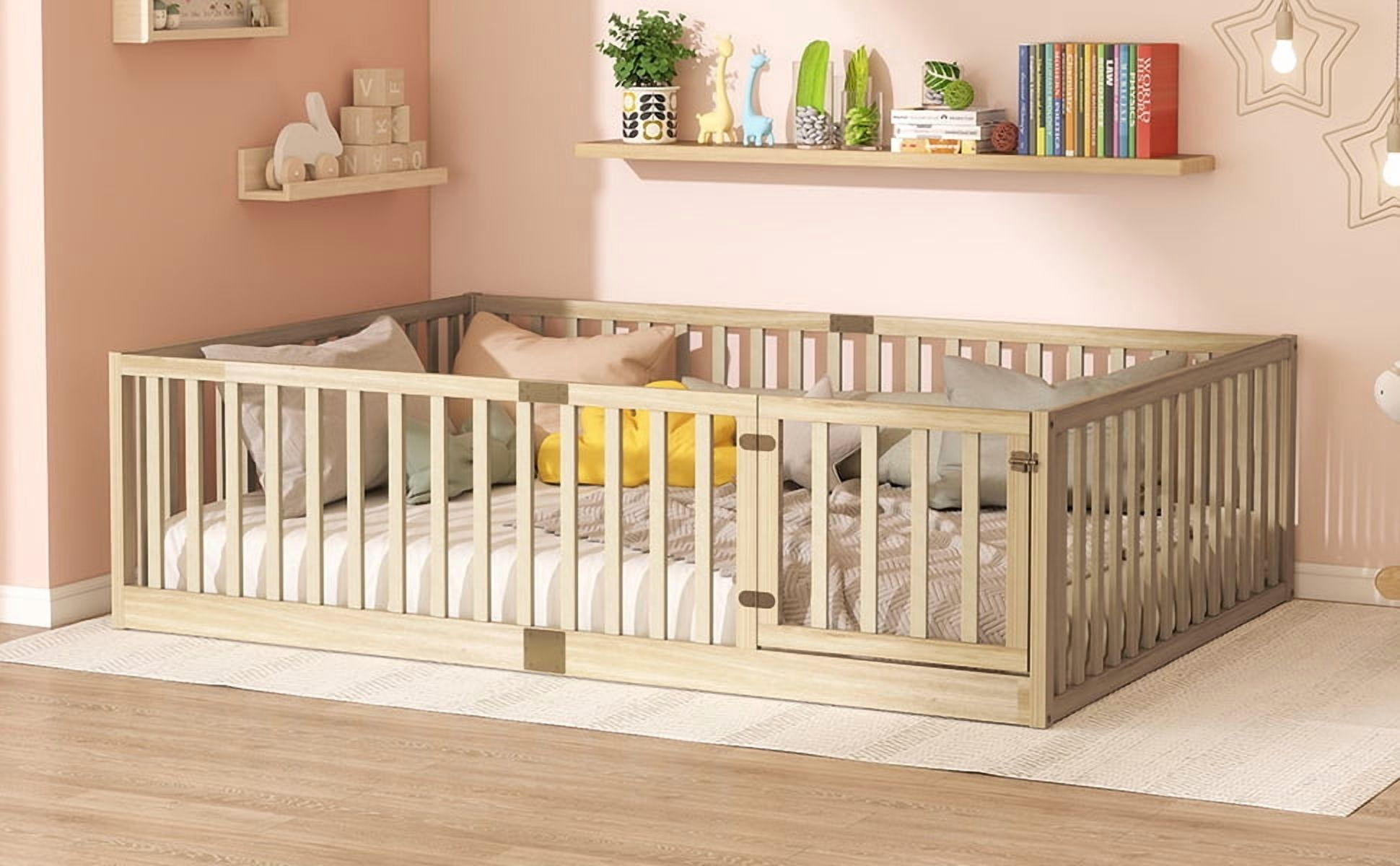 Sailvan Full Size Floor Bed with High Fence Railings, Door,6 Slats,Safety Guardrails,Rubber Wood