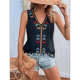 thumbnail image 5 of Camiseta Sin Mangas Informal con Cuello en V, Bordada y Estampado Gráfico para Mujer, Estilo Bohemio, con Dobladillo con Borlas. Negro S, 5 of 9