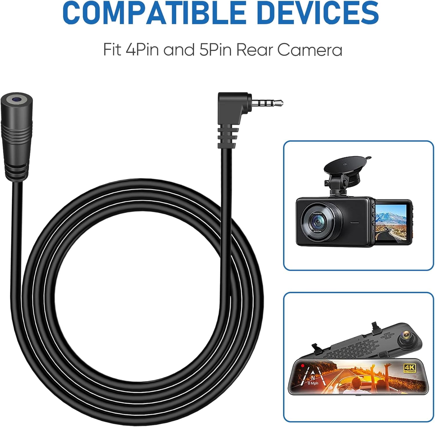 JJEAN-2.5mm Dash Cam Rear Extension Cable, 20Ft Thicker Backup Extension Cord, Reverse Adapter Wire, Mirror Cam Rear View Extension Cable Fits 4Pin&5Pin Dashcam