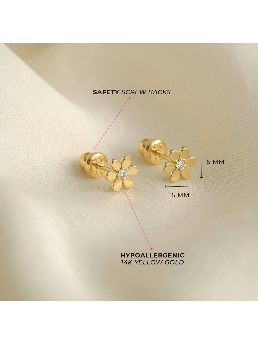 14k Gold Tiny Flower Clear CZ Baby / Toddler / Kids Earrings Safety Screw Back