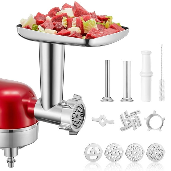 FOHERE Stainless Steel Meat Grinder Attachment for KitchenAid Stand Mixer, Grinding Plate, Grinding Blades, Sausage Stuffer Tubes, Large Food Tray