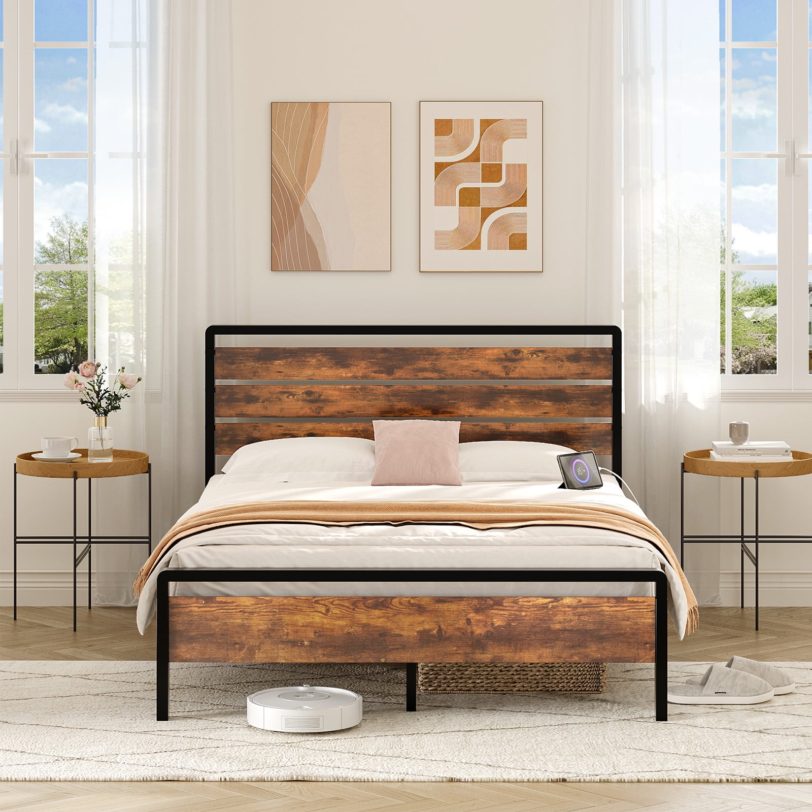 Zimtown Queen Platform Bed Frame with 12-Inch Under-Bed Storage, LED Lighted Headboard & Footboard, Modern Apartment Bedroom,Rustic Brown