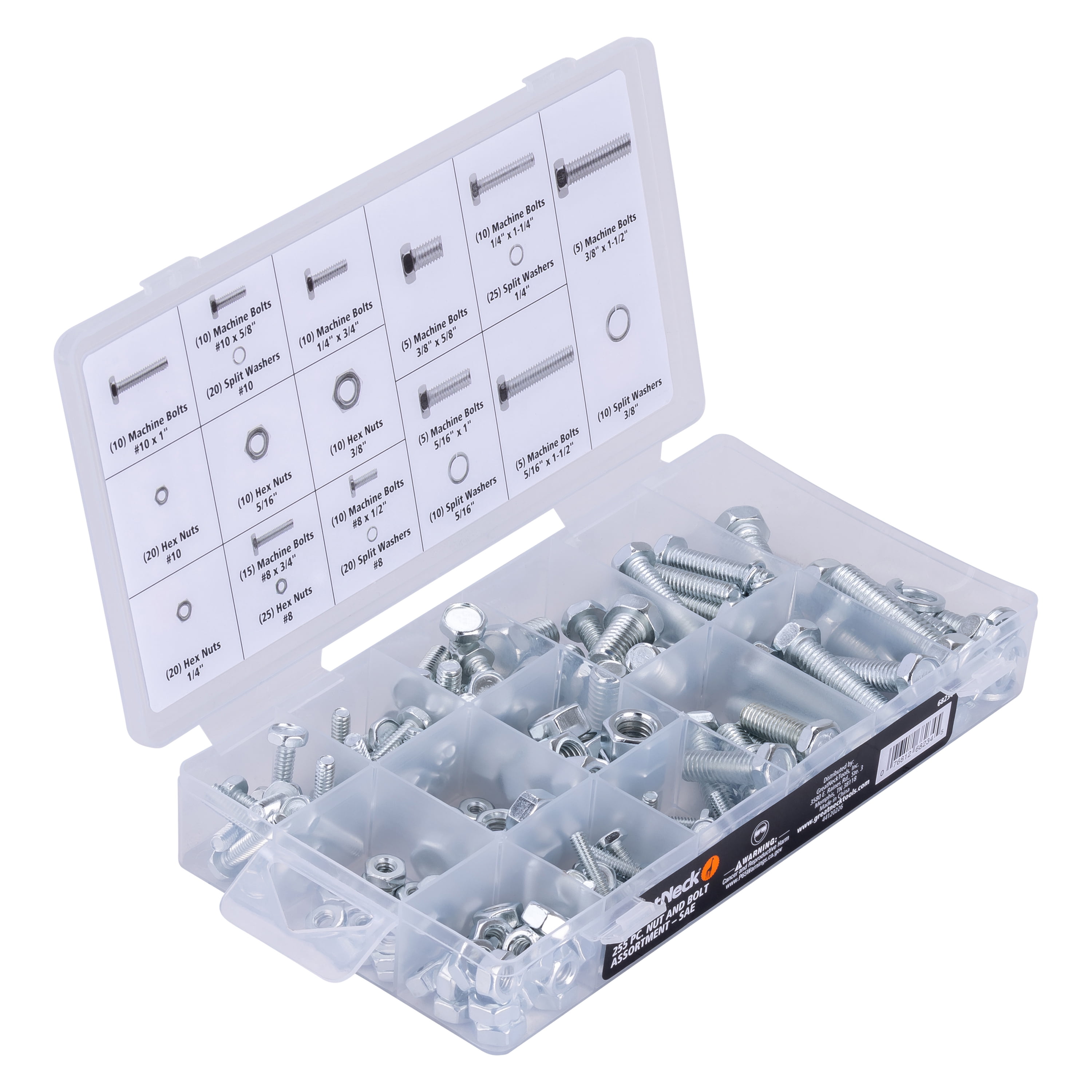 Great Neck Tools 255-Piece SAE Nut & Bolt Assortment Set, Silver, Machine Bolts, Hex Nuts, & Split Washers