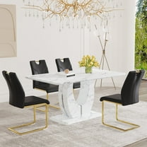 JUFU 63" Dining Table Set for 4, Faux Marble Table, 4 Black PU Chairs, Gold Cantilever Legs