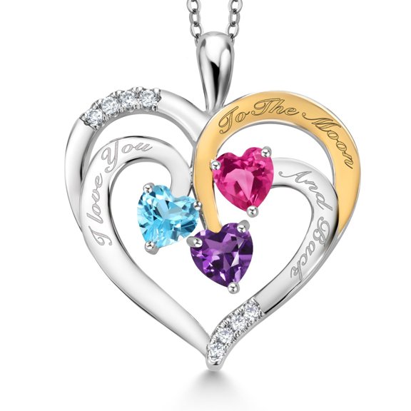 Two Tone Swiss Blue Topaz Pink Created Sapphire Purple Amethyst Created Moissanite `I love you to the moon and back` Engraved Pendant Necklace for Women (1.57 cttw, Heart Shape 5MM, 18 inch Chain)