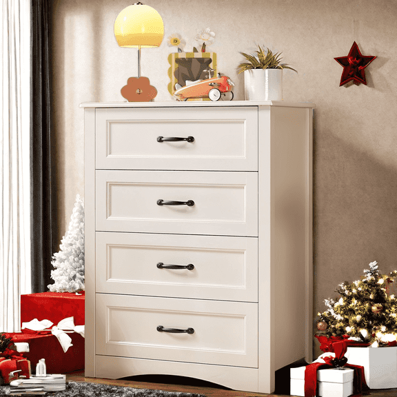 Dressers for Bedroom, 4 Drawers Dresser with Textured Metal Handles,  Wood Storage Cabinet for Living Room, White