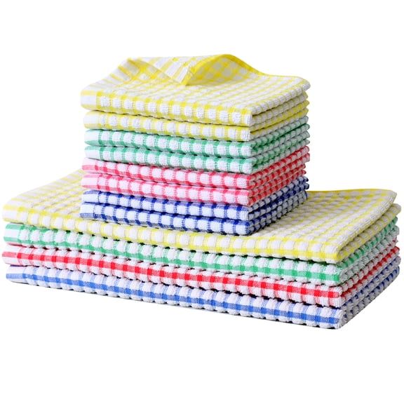 Clwellge 100% Cotton Kitchen Towels and Dishcloths Set,Extra Absorbent Wash Towels and Dish Rags for Drying and Cleaning,12-Pack,Multi-Color