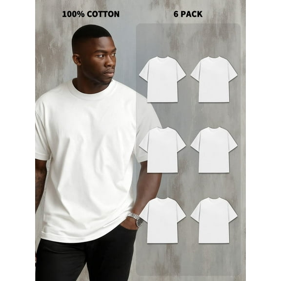 6-Pack Men's 100% Cotton Short Sleeve Crew Neck Tees - 180g, Shrink-Resistant, Cost-Effective, White