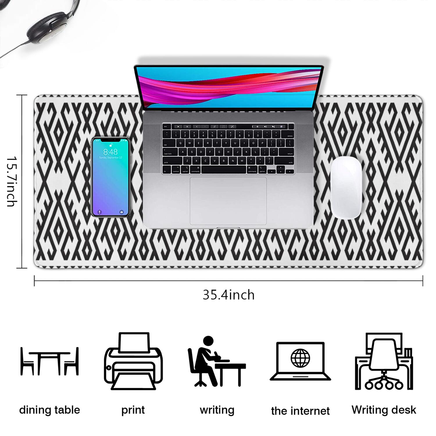 Long Mouse Pads for Desk,Black Geometric Striped Pattern Desk Mats on Top Of Desks, Desk Mouse Pad Extra Large with 3mm Non-Slip Base and Stitched Edge for Gaming,Office,Work,Home 35.4"x15.7"