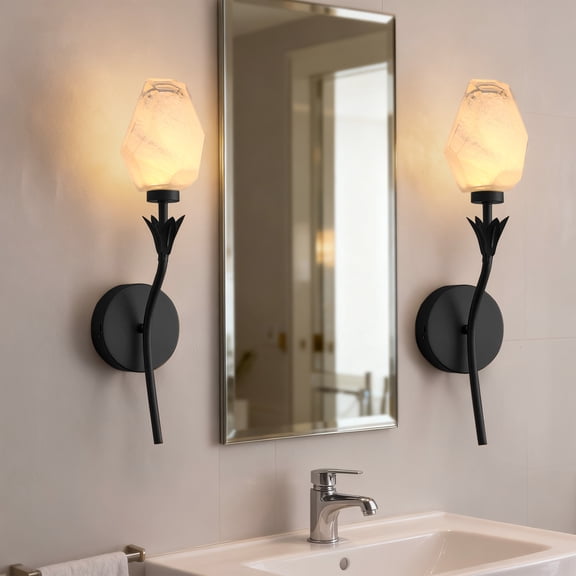 YANSUN 5.7 in 1-Light Black Wireless Dimmable Wall Sconce with Flower Art Glass Shade for Bedroom, Living Room, Entryway, 2-Pack