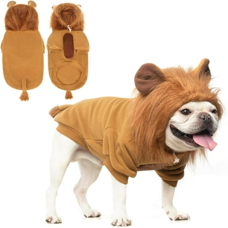 Monebena Dog Lion Costume, Dog Halloween Costume, Lion Mane Dog Outfits Fleece Sweater Hoodie Clothes,Pet Funny Cosplay Dress up Cold Weather Coats with Leash Hole for Small Medium Large Dogs S