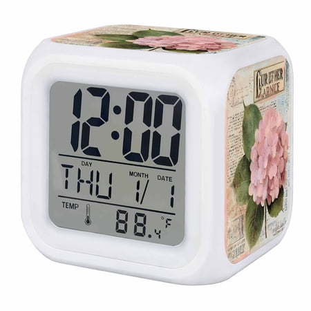 Pink Vintage Floral Digital Alarm Clock for Bedrooms, Smart LED Alarm Clock with 7 Color Changing Night Light, Summer Botanical Retro Silent Wake Up Clocks for Sleep Study Cooking 3.2x3.2