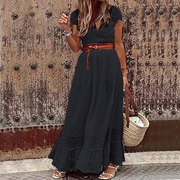 Riforla Women's Solid Color Long Maxi Dress with Belt Elegant Lace Trimmed  Evening Gown Woman Dresses Elegant Casual Black S - Walmart Business  Supplies