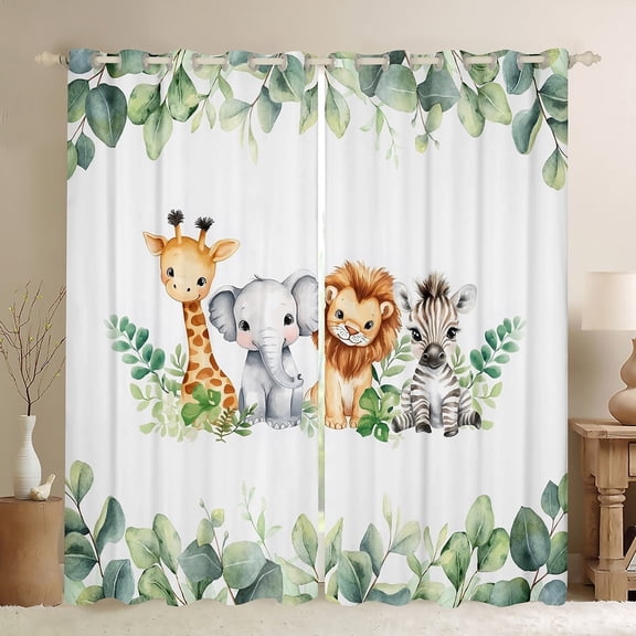 Manfei Jungle Animal Party Blackout Curtains, Giraffe Lion Elephant Curtains Pack of 2 (38x45 Each), Cute Wildlife Window Curtains, Curtains and Drapes Room Decorative