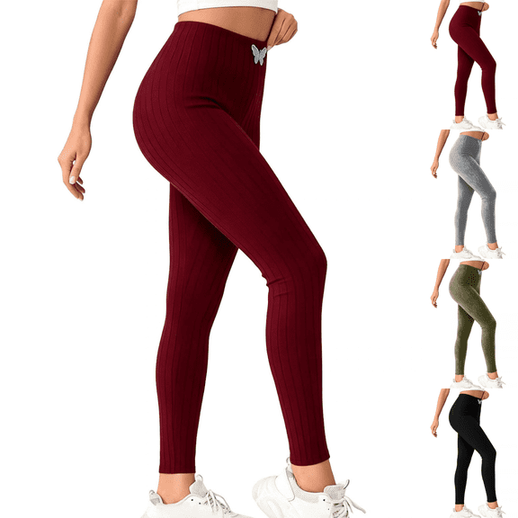Sunnin Womens Solid Color Leggings High Waist Ribbed Knit Slim Fit Stretch Yoga Long Pants S-XXL