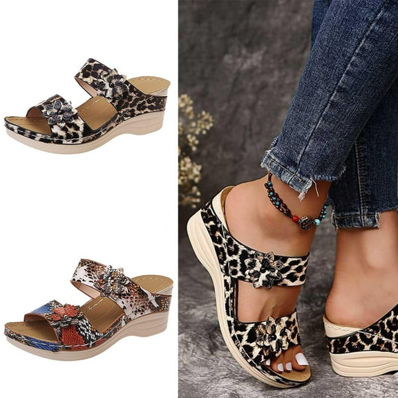 Jacenvly 2024 New Summer Retro Casual Flowers High-Heeled Flat-Bottomed Ladies Wedge Slippers Black Sandals for Women