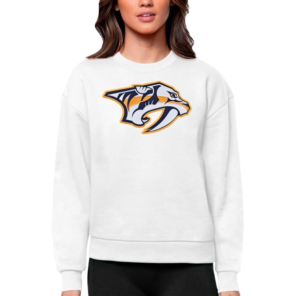Women's Antigua White Nashville Predators Primary Logo Team Logo Victory Crewneck Pullover Sweatshirt