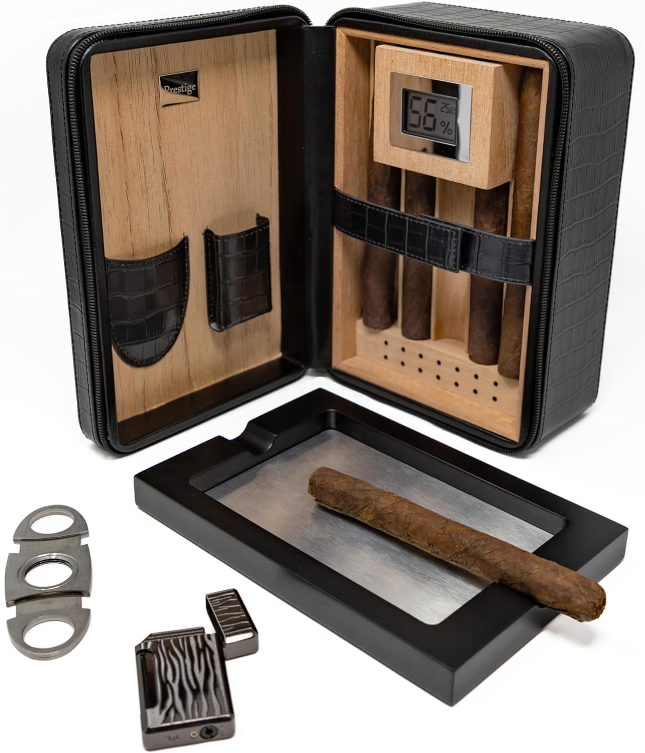 Prestige Import Group Manhattan XL Travel Cigar Humidor Case Set (Hygrometer, Ashtry, Cutter, Lighter, Humidifier) - Black