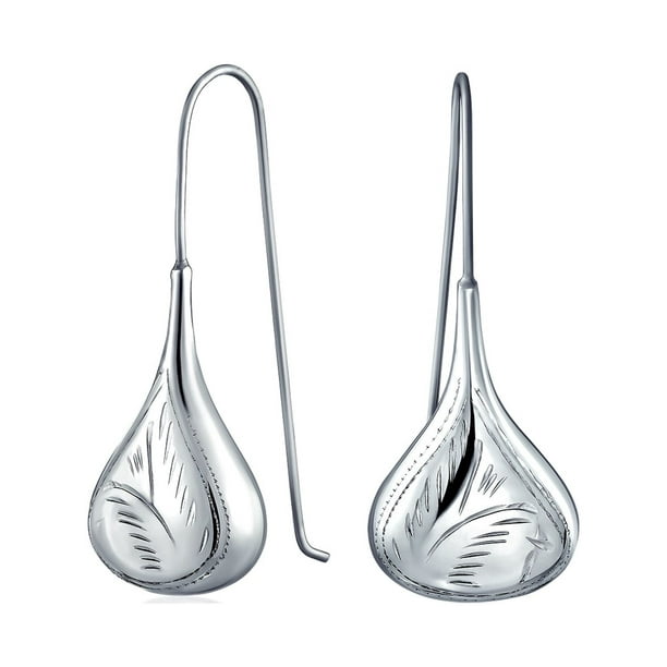 Carved Etched Puffed Pear Shaped Rain Drop Teardrop Earrings for Women  Fishhook .925 Sterling Silver 1.8 Inch