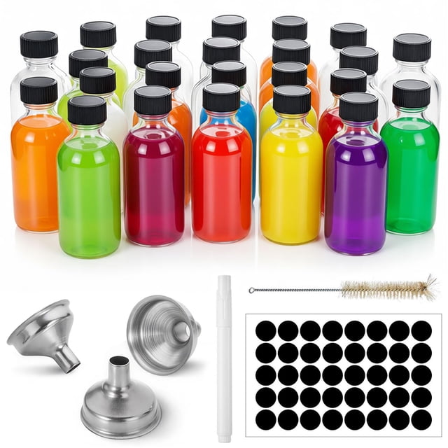 24 Botellas de Vidrio Transparente Pequeñas de 2 Onzas con Tapas y 3 Embudos, 40 Etiquetas, 1 Bolígrafo, Botellas Redondas Boston de 60 ml para, Jugo, Brotes de Jengibre, Whisky,