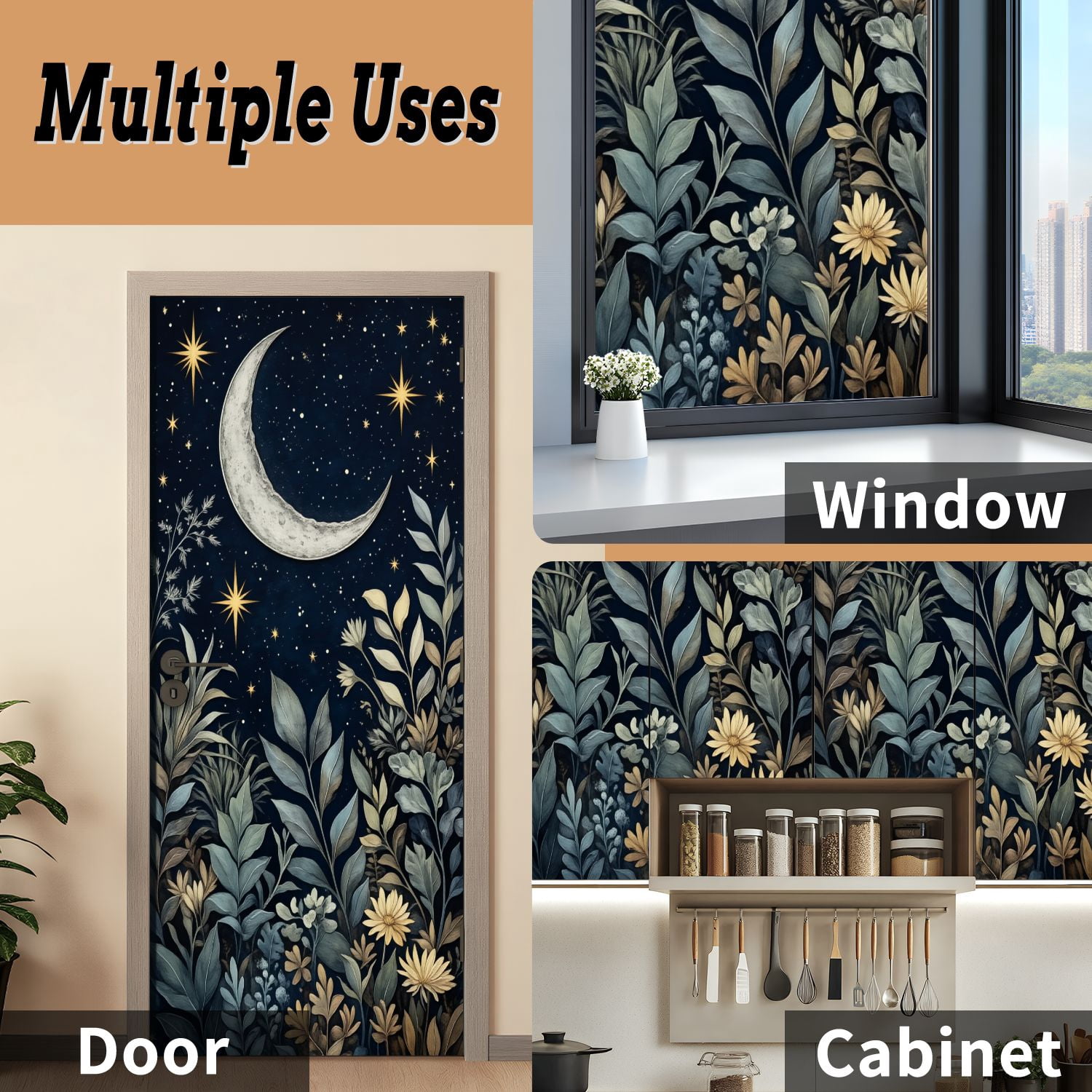 Self Adhesive Vinyl Refrigerator Wrap Set Night Sky Stars Floral Landscape Door Mural Removable Fridge Sticker Peel and Stick&nbsp;Full Door Cover Decal Kitchen Bar Decor