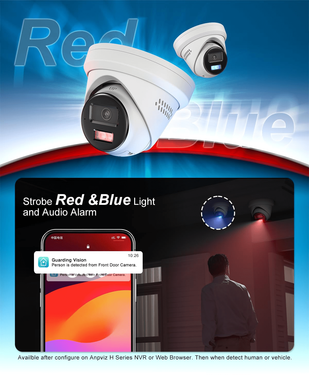 Anpviz 5MP Wired PoE IP Camera, Strobe Red & Blue Light and Audio Alarm, Metal Turret Security Camera Outdoor, Two Way Audio, Smart Dual Light, Human Vehicle Detection, IP67 (H Series)