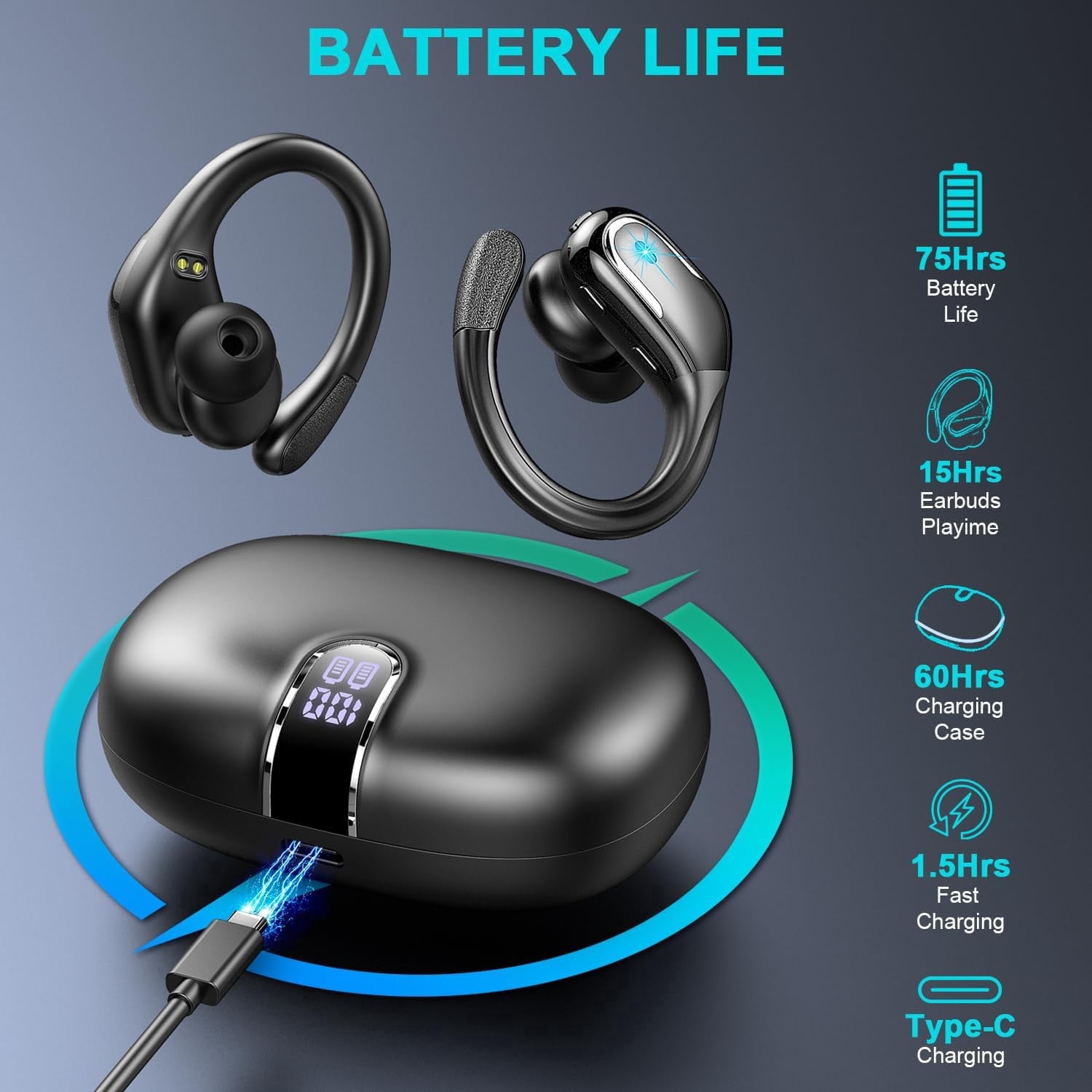 Wireless Earbuds, 2026 Bluetooth 5.4 Headphones Sport, 75Hrs HiFi Stereo Deep Bass Over-Ear buds with ENC Noise Cancelling Mic, IP7 Waterproof & LED Display Earphones Earhooks for Workout/Running